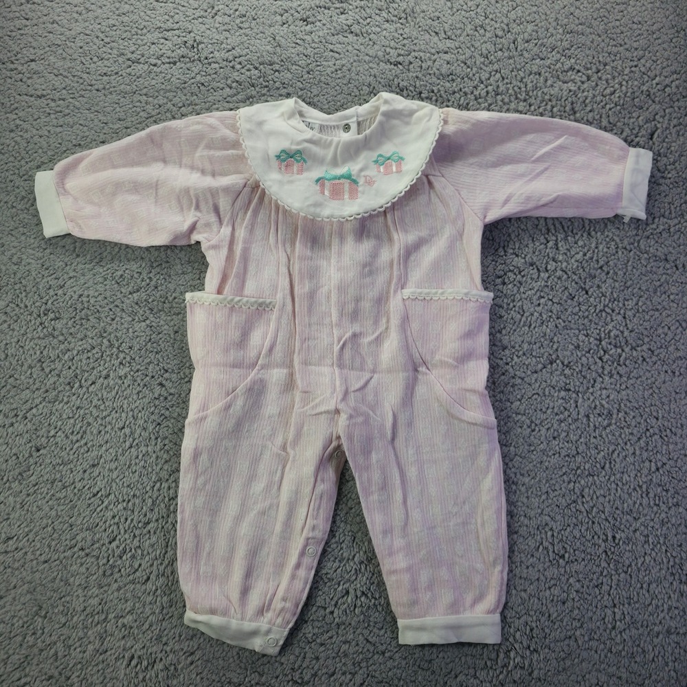 Baby Dior Vintage Pink Striped Embroidered Romper 9 Months Made in USA